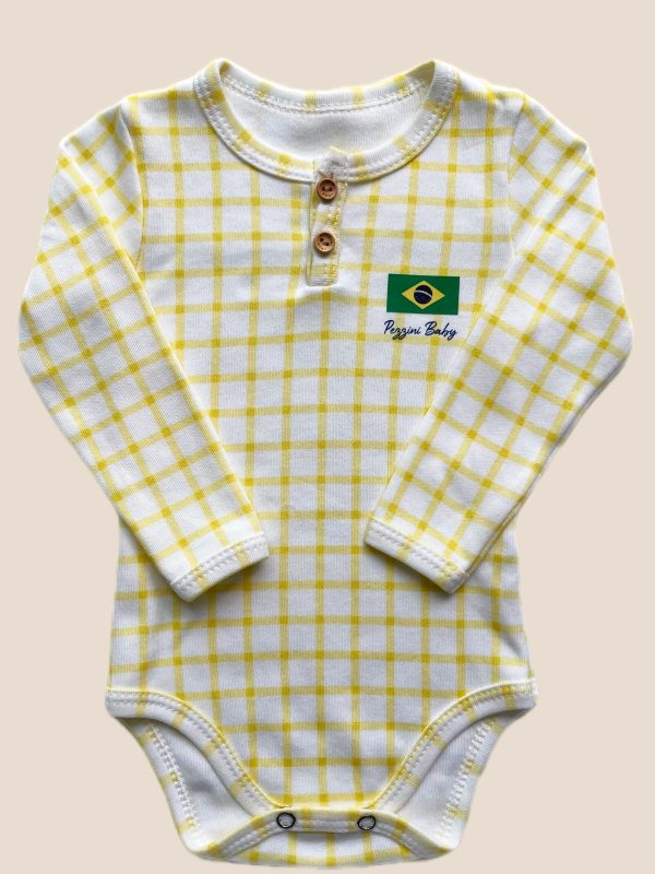 Body Bebê Manga Longa Xadrez Amarelo com Botões na Gola Brasil