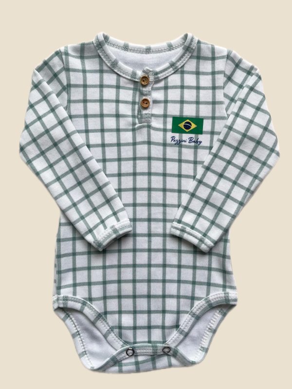 Body Bebê Manga Longa Xadrez Verde com Botões na Gola 🇧🇷