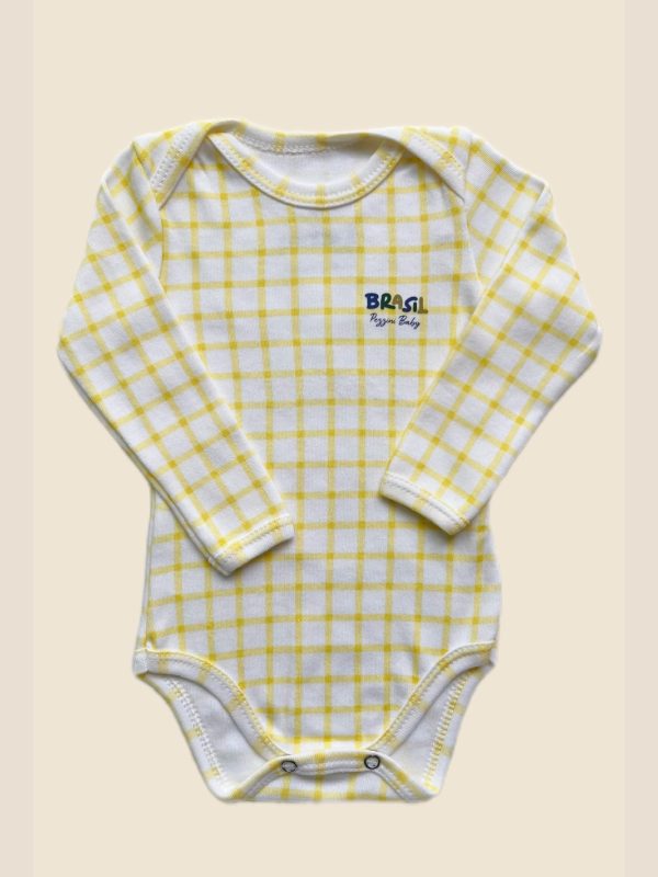 Body Bebê Manga Longa Gola Envelope Xadrez Amarelo 🇧🇷