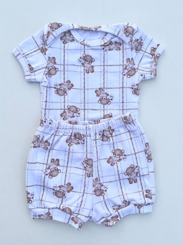 Conjunto Bebê Body Manga Curta e Short Cotton Urso Xadrez