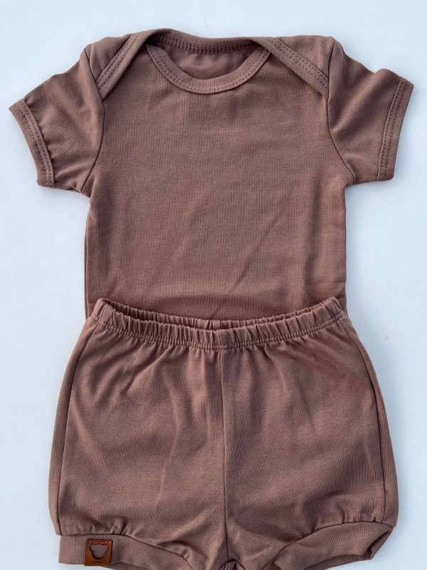 Conjunto Bebê Body Manga Curta e Short Cotton Liso Marrom